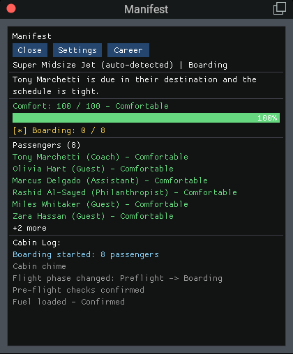 Manifest panel showing 8 passengers boarding a Super Midsize Jet, with a comfort score of 100/100 and a cabin log of recent events.