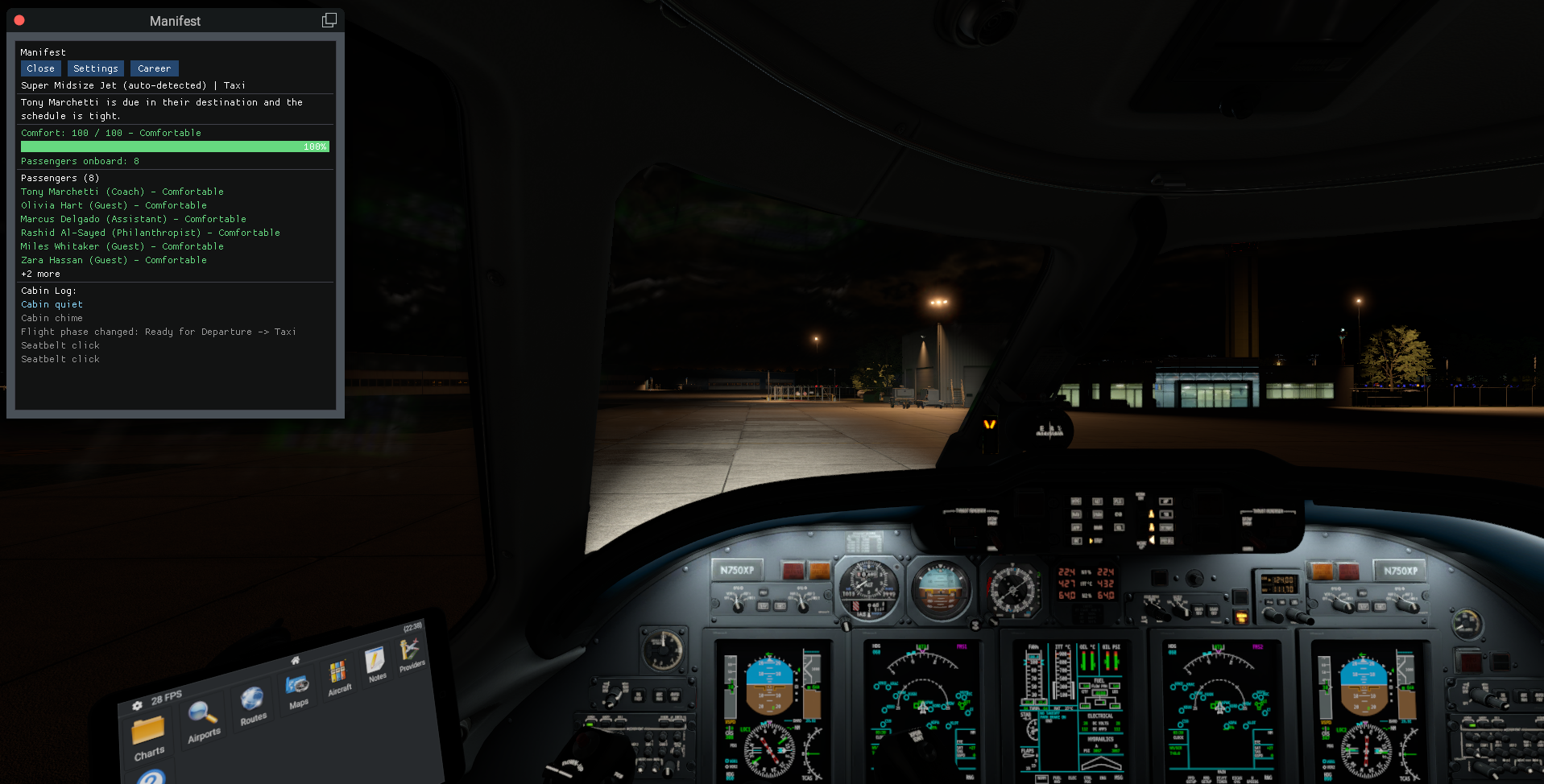 Manifest panel open during taxi at night, overlaid on the cockpit view of a business jet with 8 passengers onboard at 100% comfort.