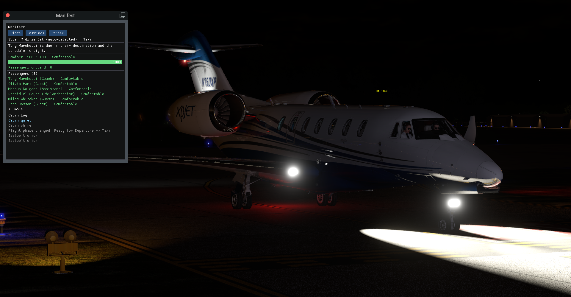 Manifest panel during taxi at night, exterior view of a business jet with engines lit, 8 passengers onboard at 100% comfort.