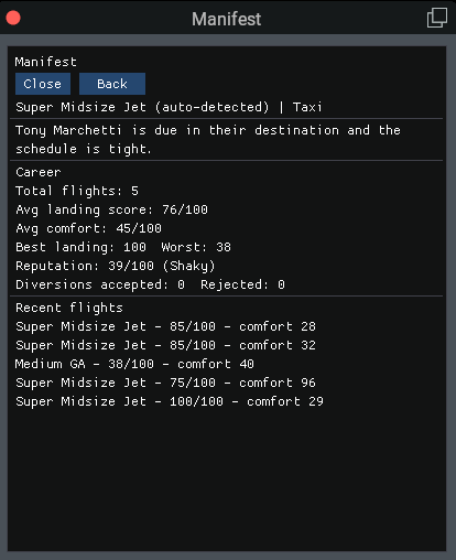 Manifest career panel showing 5 total flights, average landing score 76/100, average comfort 45/100, reputation 39/100 rated Shaky, and a log of recent flights.