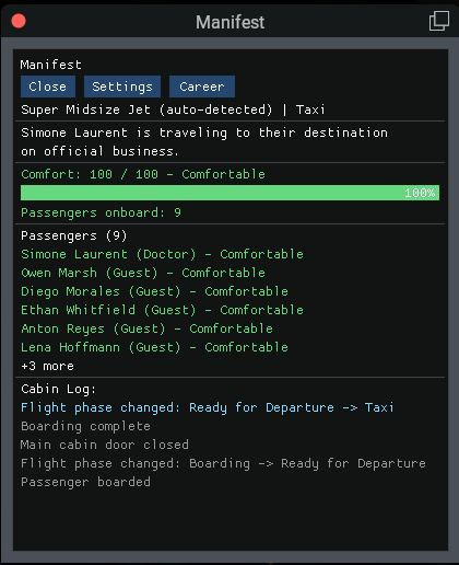Manifest panel showing 9 passengers after boarding complete, cabin door closed, ready for departure, at 100% comfort.