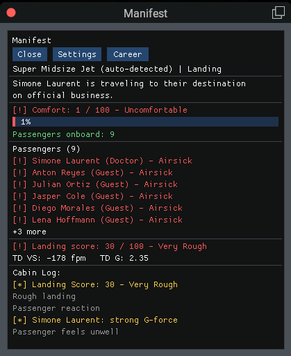 Manifest panel after a very rough landing, showing comfort dropped to 1/100, all 9 passengers airsick, a landing score of 30/100, and touchdown vertical speed and G-force readings.