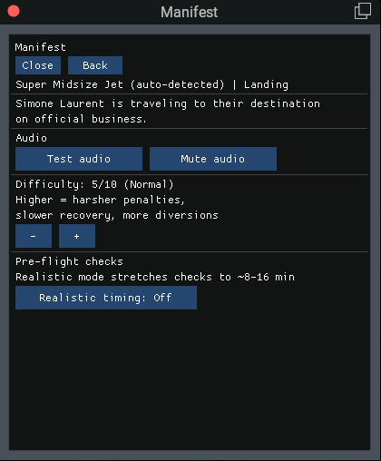 Manifest settings menu showing an audio test and mute option, a difficulty slider set to 5 out of 10 normal, and a realistic pre-flight timing toggle currently off.