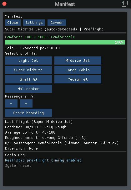 Manifest preflight screen with profile selection for Light Jet, Midsize Jet, Super Midsize, Large Cabin, Small GA, Medium GA, and Helicopter, plus a passenger count and Start boarding button.